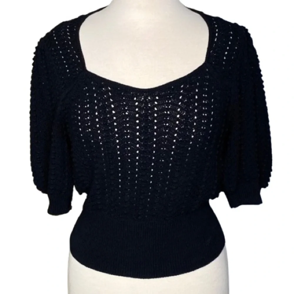 7 For All Mankind Women's Black Sweetheart Pointelle Knit Sweater Size S Boho